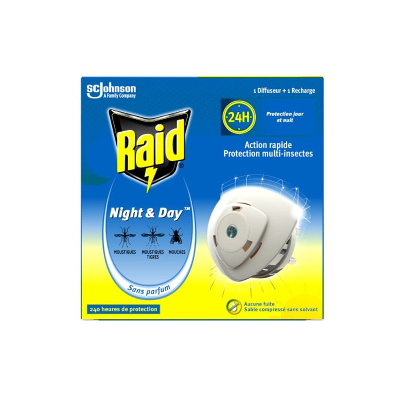 LOT DE 5 - RAID - Diffuseur Électrique Night et Day jusqu'à 240H - 1 diffuseur + 1 recharge