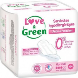 LOT DE 10 - LOVE GREEN - Normal Serviettes hygiéniques hypoallergéniques - paquet de 14 serviettes
