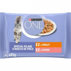 LOT DE 5 - PURINA One - Pelage Et Boules De Poils  Pâtée pour chat Poulet Saumon - blister de 4 sachets de 85 g