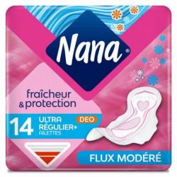 LOT DE 4 - NANA - Ultra Régulier Plus Deo V-protection Serviettes hygiéniques avec ailettes - paquet de 14 Serviettes