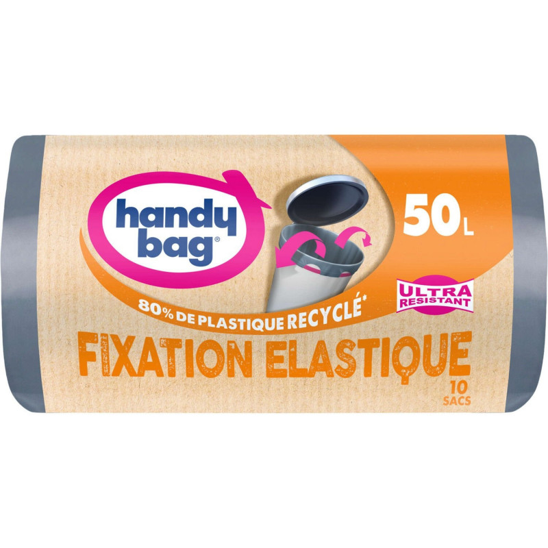 LOT DE 2 - HANDY BAG - Ultra-Résistants - Sacs poubelle 50 L à Fixation Élastique - rouleau de 10 sacs
