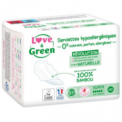 LOT DE 4 - LOVE & GREEN - Anti-irritation Super Avec ailettes - paquet de 12 Serviettes hygiéniques