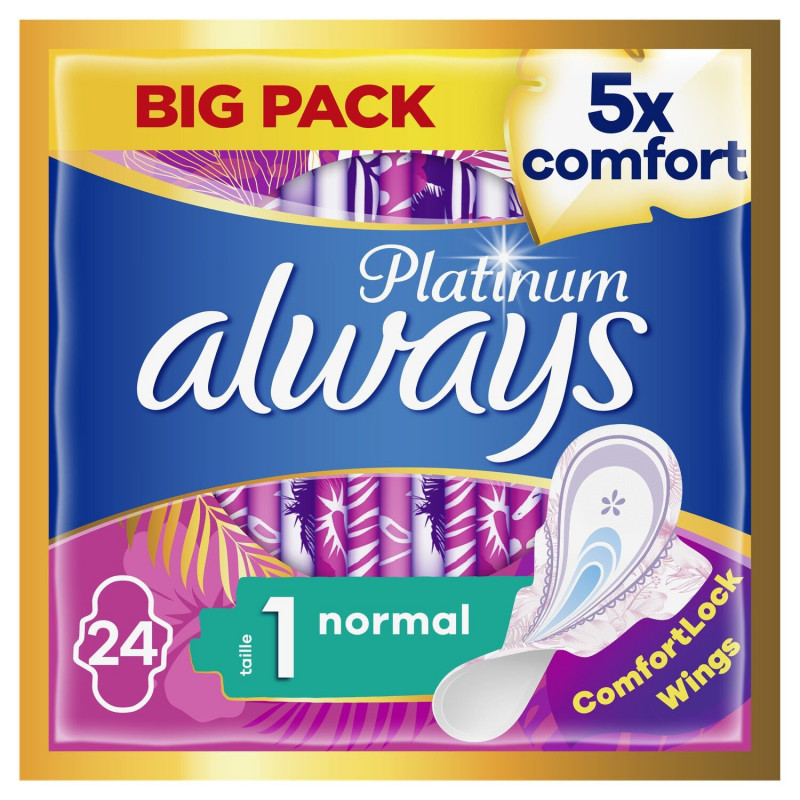 LOT DE 4 - ALWAYS - Platinum Normal Taille 1 - Serviette Hygiénique Avec Ailettes - paquet de 24 serviettes