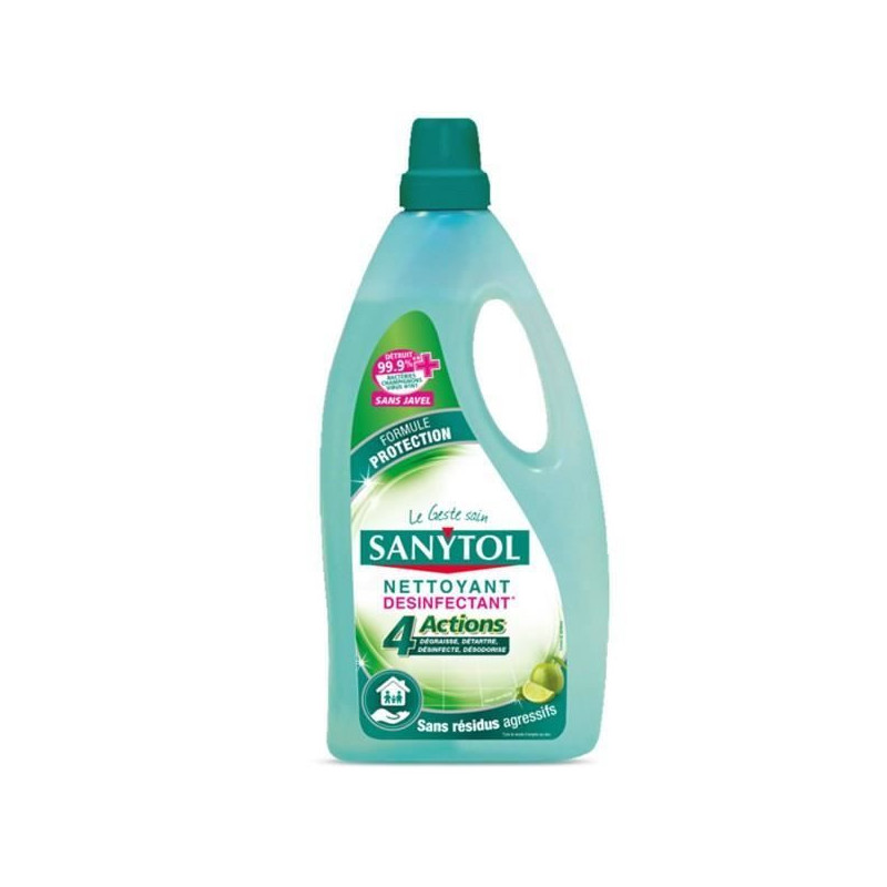 SANYTOL - Nettoyant Désinfectant 4 Actions Sols et surfaces Citron Vert - flacon de 1 l