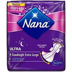 LOT DE 10 - NANA - Ultra Extra Large Goodnight avec ailettes - 9 serviettes hygiéniques