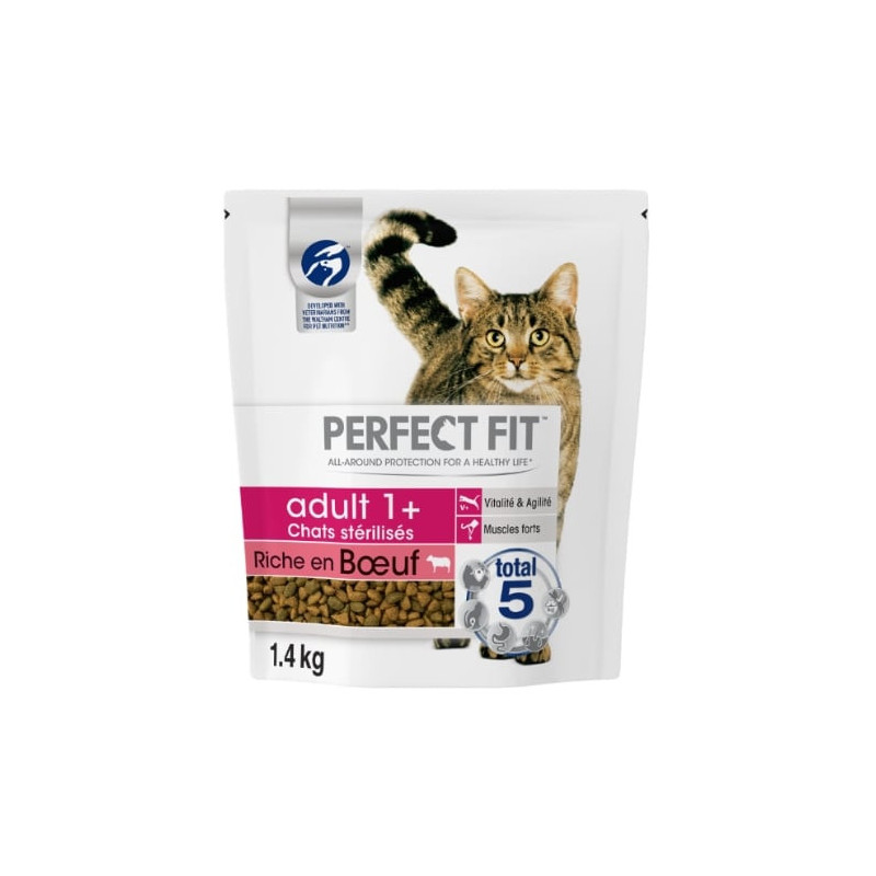 LOT DE 3 - PERFECT FIT - Croquette au Buf pour Chat Adulte Stérilisé - sac de 1,4 kg