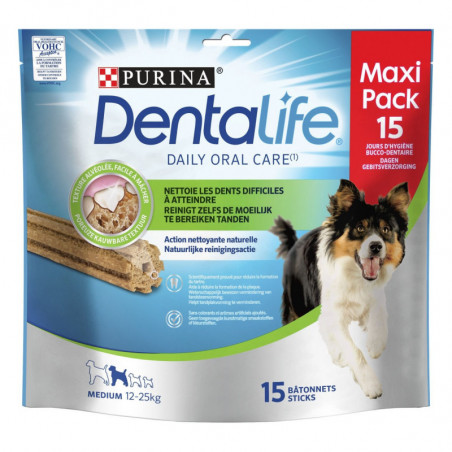 LOT DE 4 - PURINA - DENTALIFE Récompense pour chien Medium  12-25 kg - sachet de 15 bâtonnets - 345 g