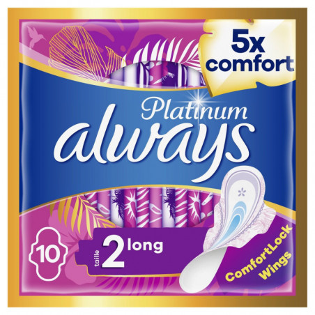 LOT DE 5 - ALWAYS - Platinum Long Avec Ailettes Taille 2 - Paquet de 10 serviettes hygiéniques