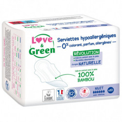LOT DE 6 - LOVE GREEN - Nuit Serviettes Hygiéniques Hypoallergéniques - paquet de 10 Serviettes